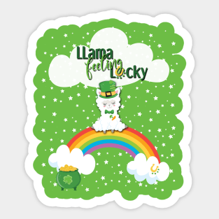 St. Patrick's Day Llama Feeling Lucky , Rainbow, Clouds & Stars on Green Sticker